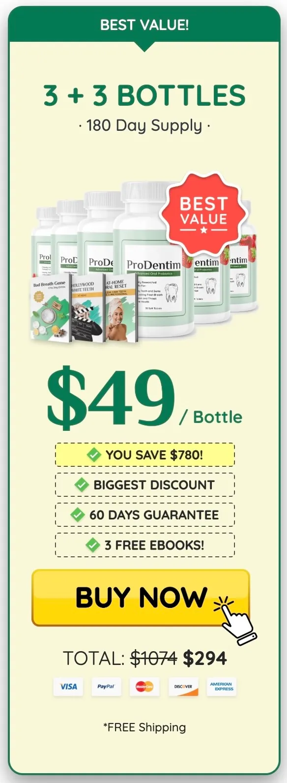 ProDentim 6 bottle supply - 180 day best value oral probiotic pack
